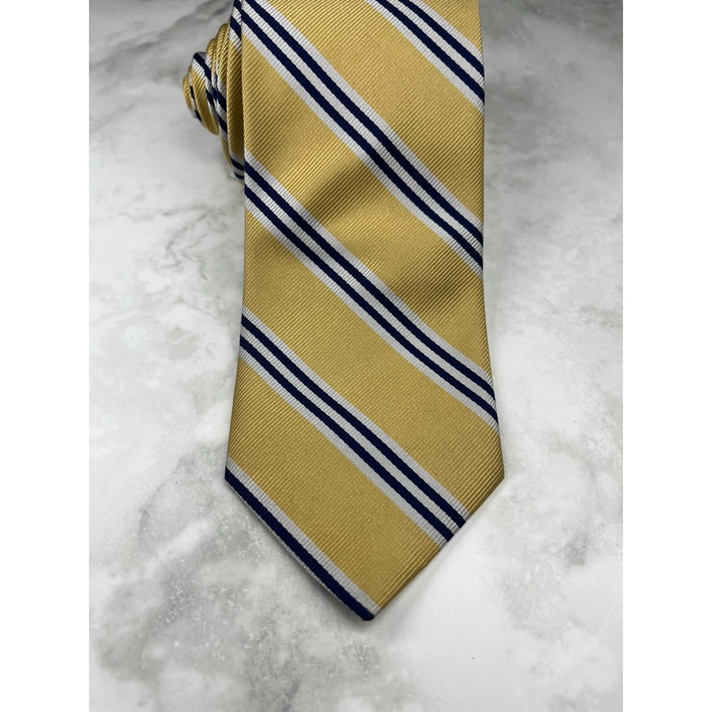 Rooster‎ Repp Silk Men's Necktie Striped Yellow Blue *Flaw Missing Brand Label - Picture 2 of 7